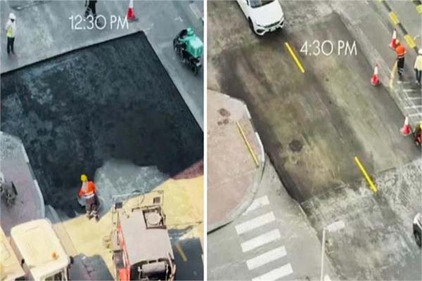 دبئی: صرف 4 گھنٹوں میں کر دیا کمال! سڑک کے بیچ بنے گڑھے کو بالکل نیا بنایا، ویڈیو نے کیا حیران
